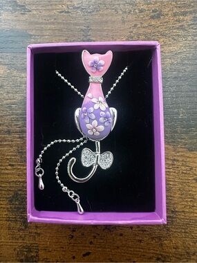 Cat Floral Pendant Long Necklace in Pink and Purple